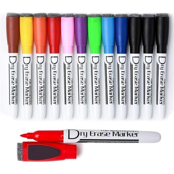 Volcanics Magnetic Dry Wipe Pens Dry Erase Markers With Eraser Cap Pack of 12 - Picture 5 of 5